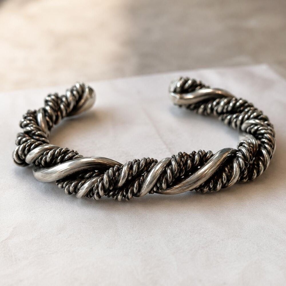 Heavy Sterling Silver Twisted Rope Cuff Bracelet | Vintage Southwestern Native S